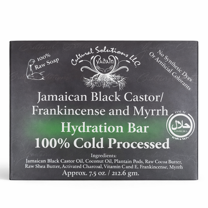 Jamaican Black Castor Soap hydration bar packaging featuring Frankincense and Myrrh ingredients.